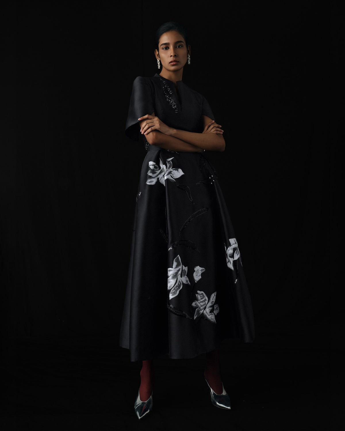 Moonlight Sonata - Orchid Charcoal Black Midi Dress
