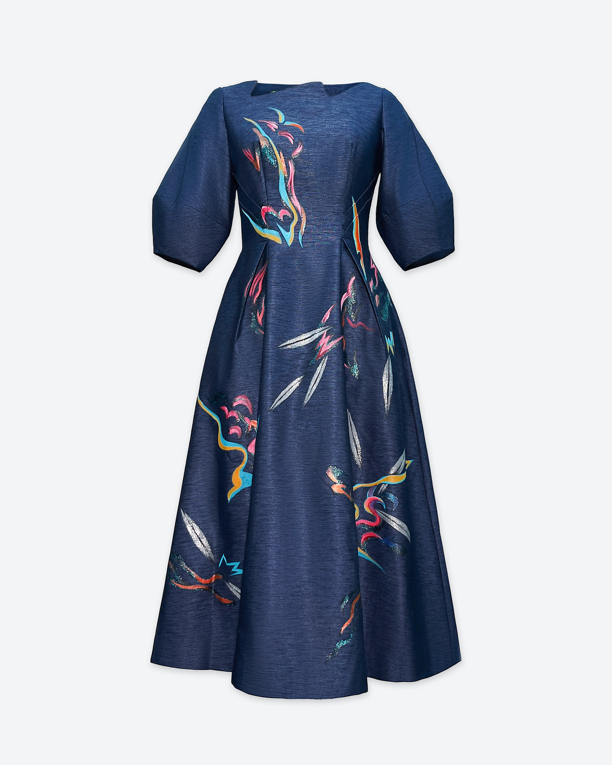 Story of Sunset-painted Dark Blue Skater Midi Dress Tiny Ink Story of Sunset-painted Dark Blue Skater Midi Dress Tiny Ink