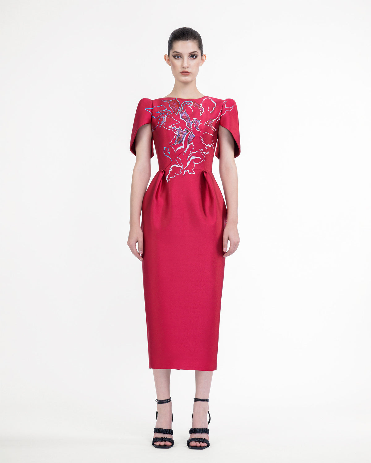 Azalea Bloom - Carmine Red Cape Sleeves Midi Dress