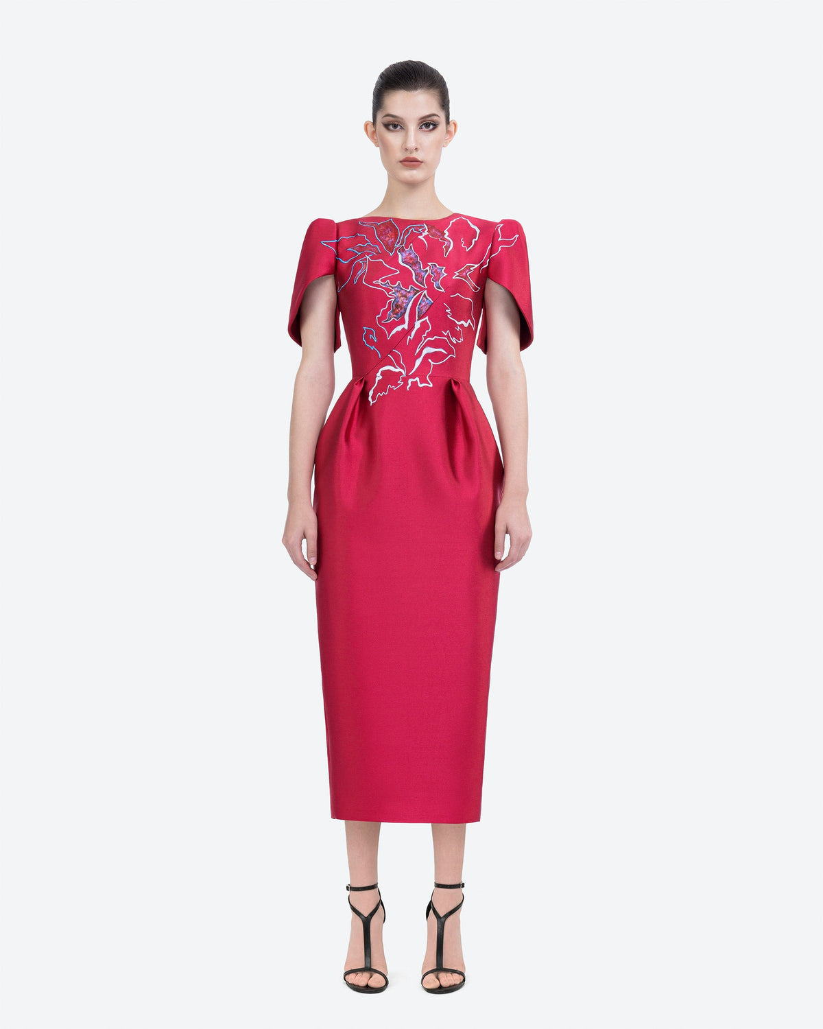 Azalea Bloom - Carmine Red Cape Sleeves Midi Dress