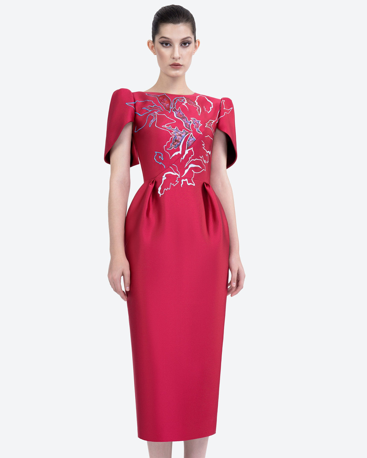 Azalea Bloom - Carmine Red Cape Sleeves Midi Dress