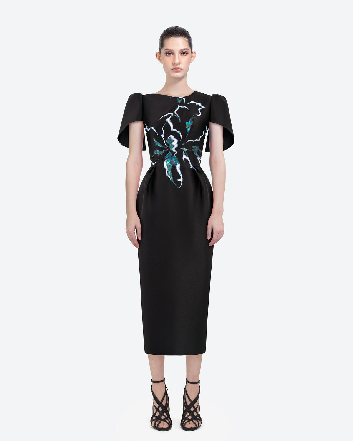 Luminous Secret - Cape Sleeve Black Midi Dress