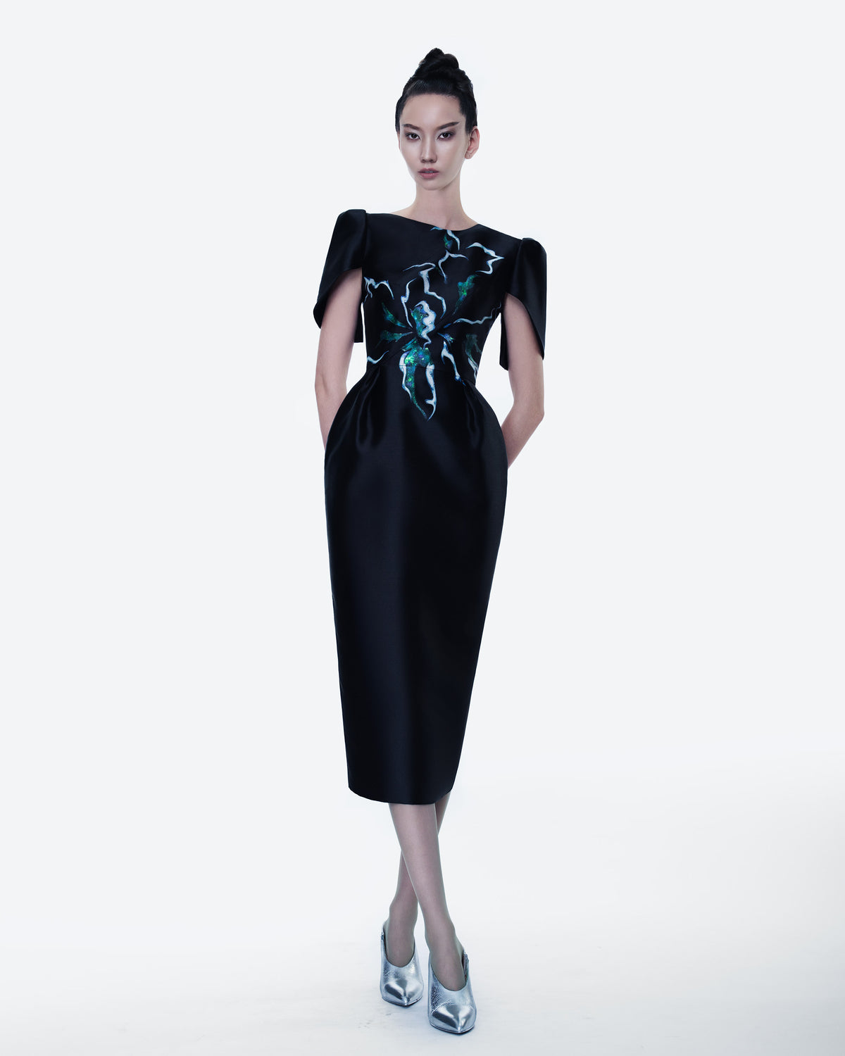 Luminous Secret - Cape Sleeve Black Midi Dress