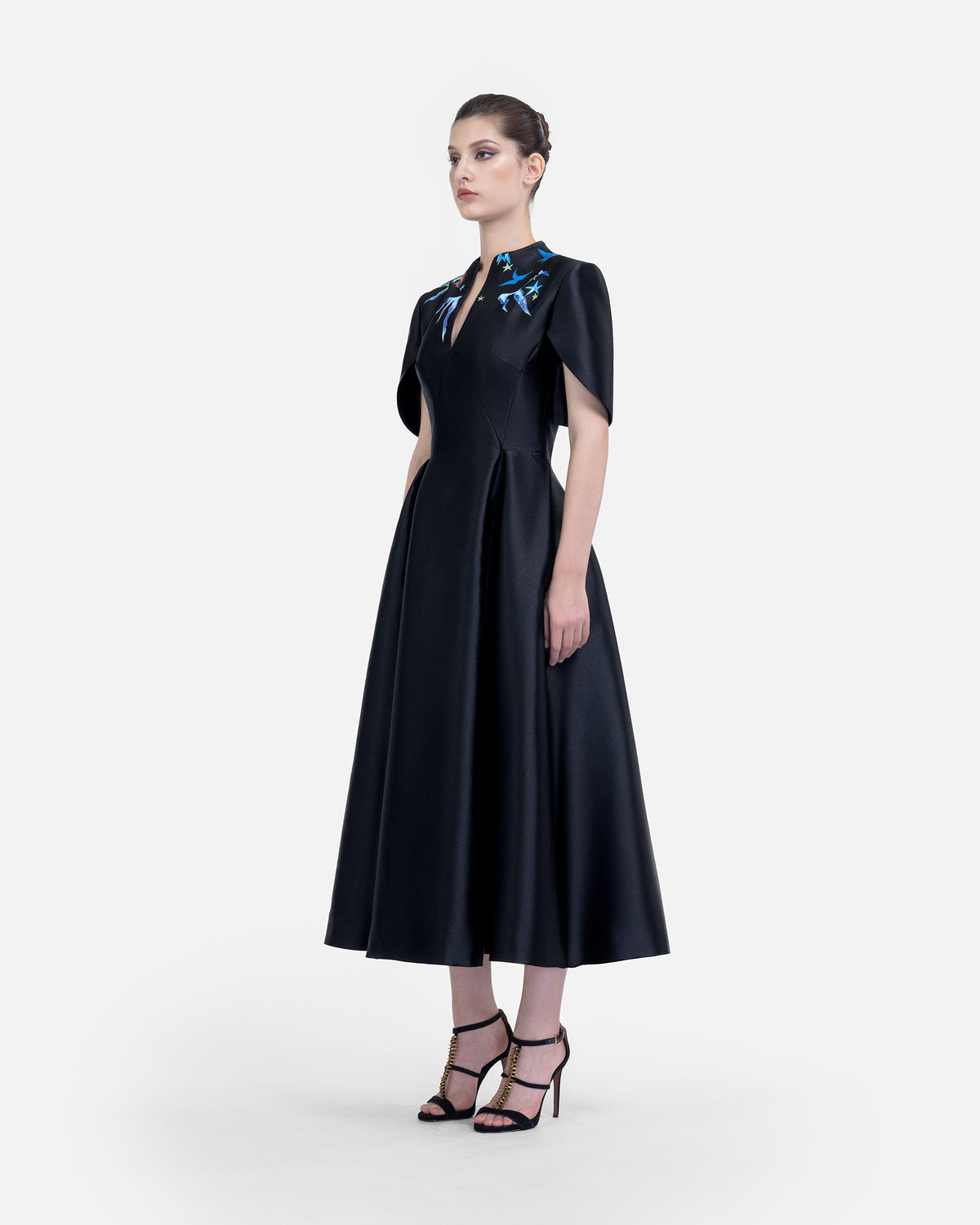 Eyes of Cosmos - Cape Sleeves Black Midi Dress