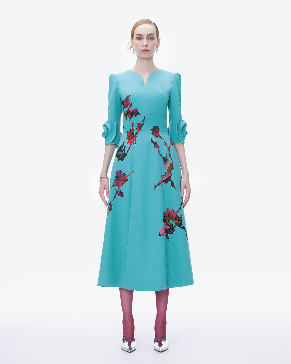 Flora Sonata - Sculptural Flower Sleeve Aquamarine Midi Dress