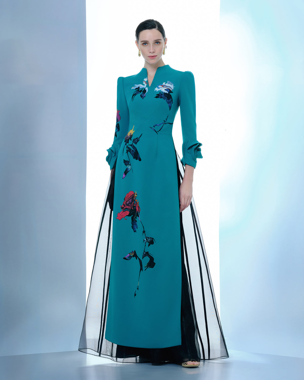 Blossom Mirage - Teal Green Contemporary AoDai