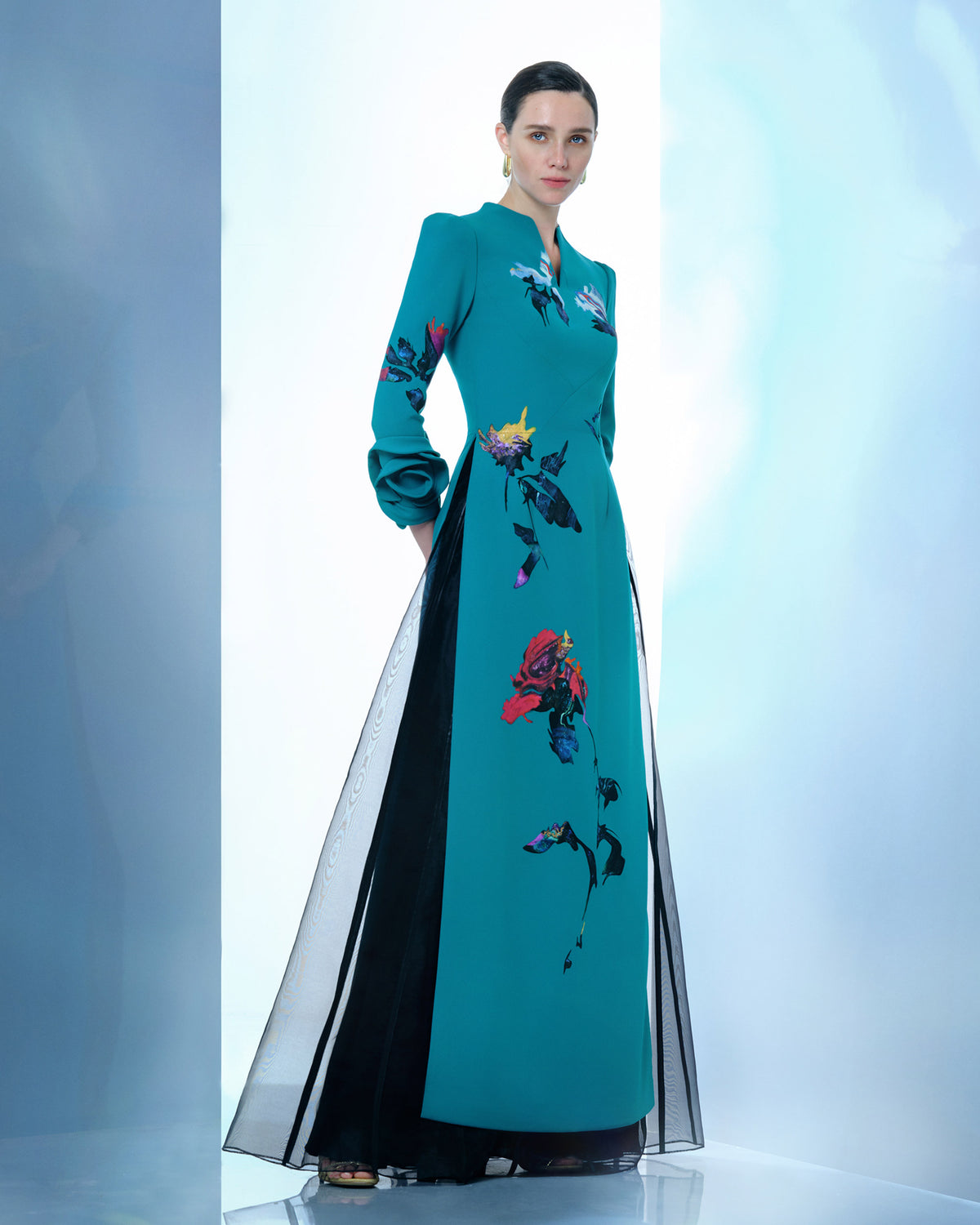 Blossom Mirage - Teal Green Contemporary AoDai