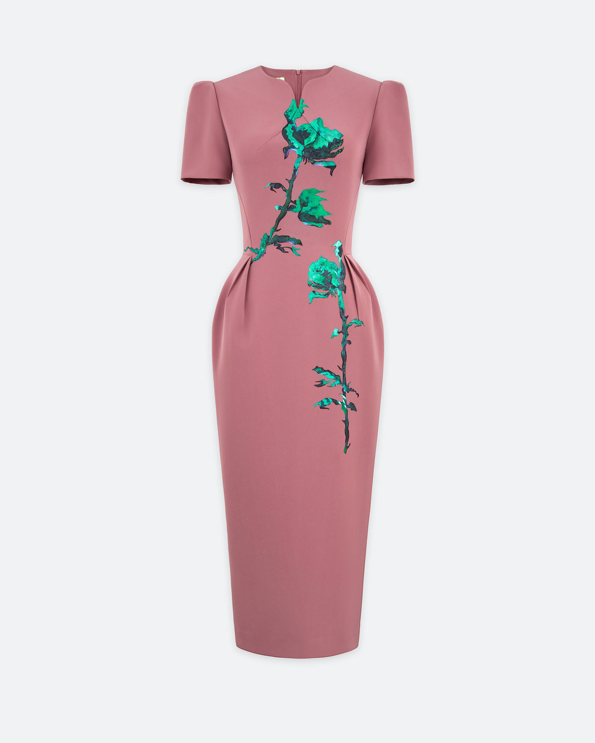 Tiny Ink rose pink midi dress with hand-painted green floral artwork, short sleeves, and a fitted waist