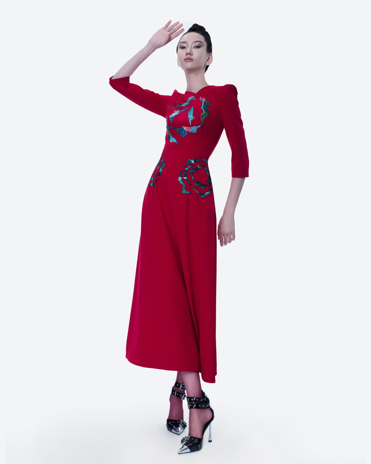 Eye of Peony - Asymmetrical Vivid Burgundy Red Midi Dress