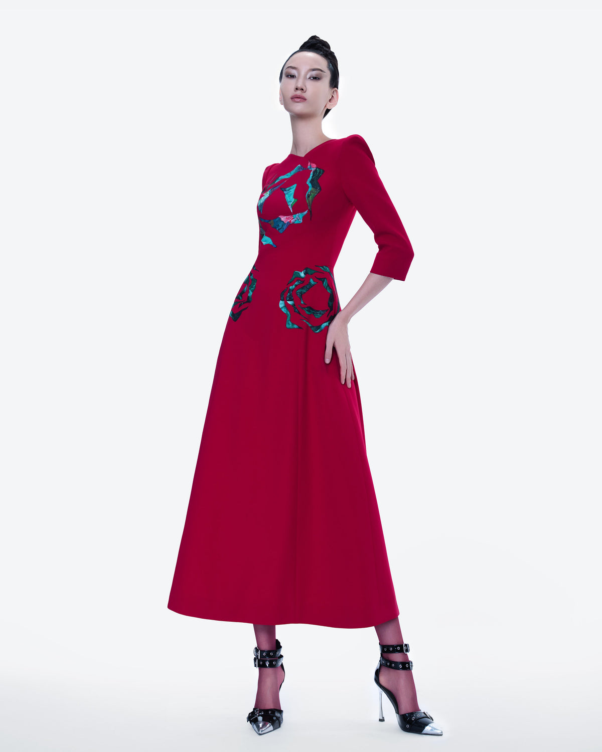 Eye of Peony - Asymmetrical Vivid Burgundy Red Midi Dress