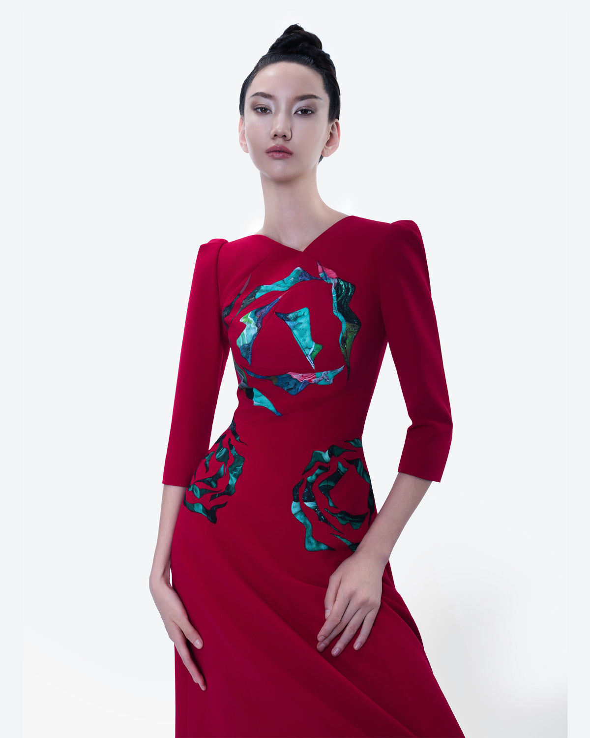 Eye of Peony - Asymmetrical Vivid Burgundy Red Midi Dress