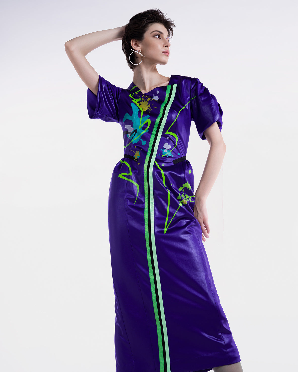 Abstract Flower - Asymmetrical Indigo Purple Midi Dress