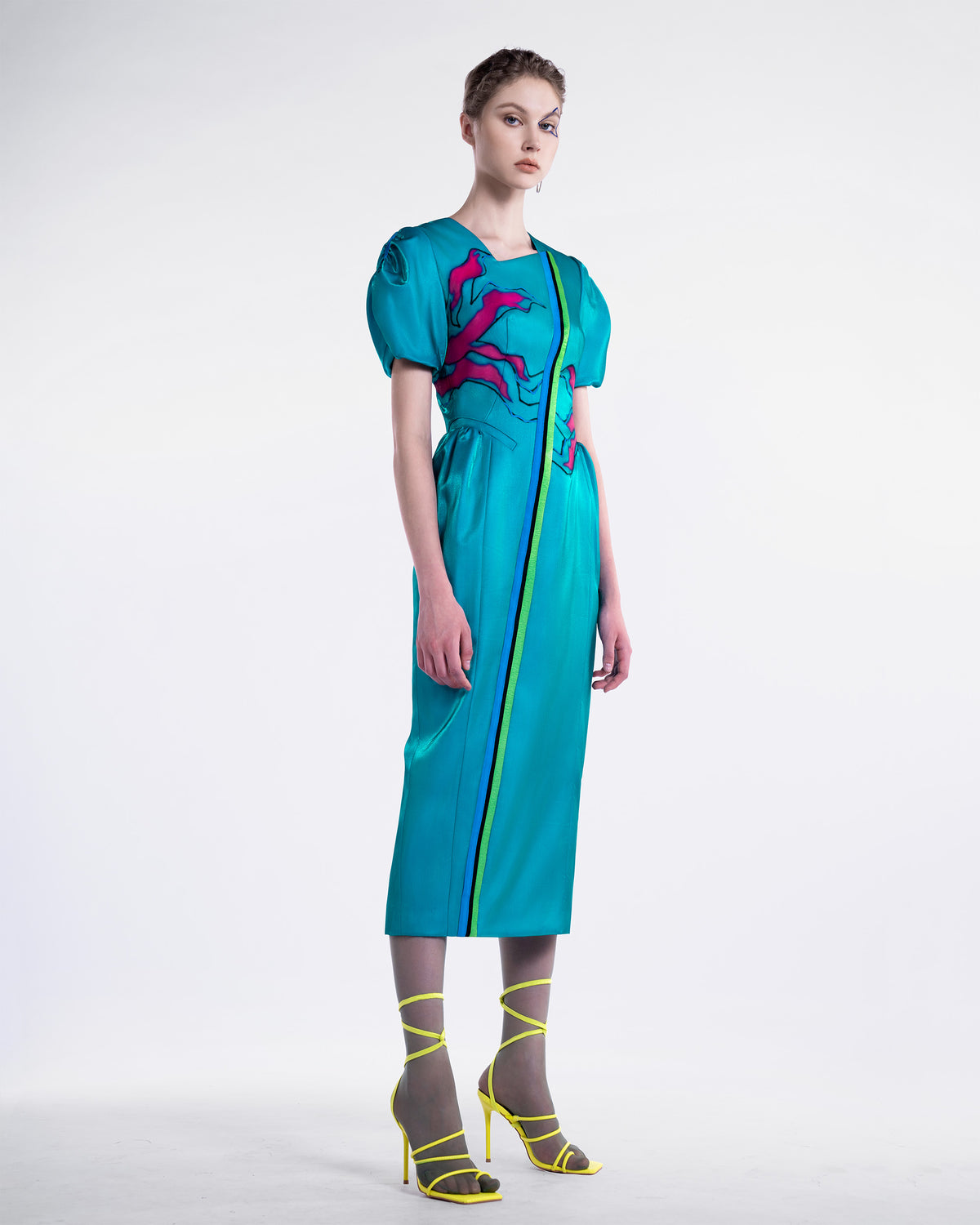 Abstract Flower - Asymmetrical Cobalt Teal Midi Dress