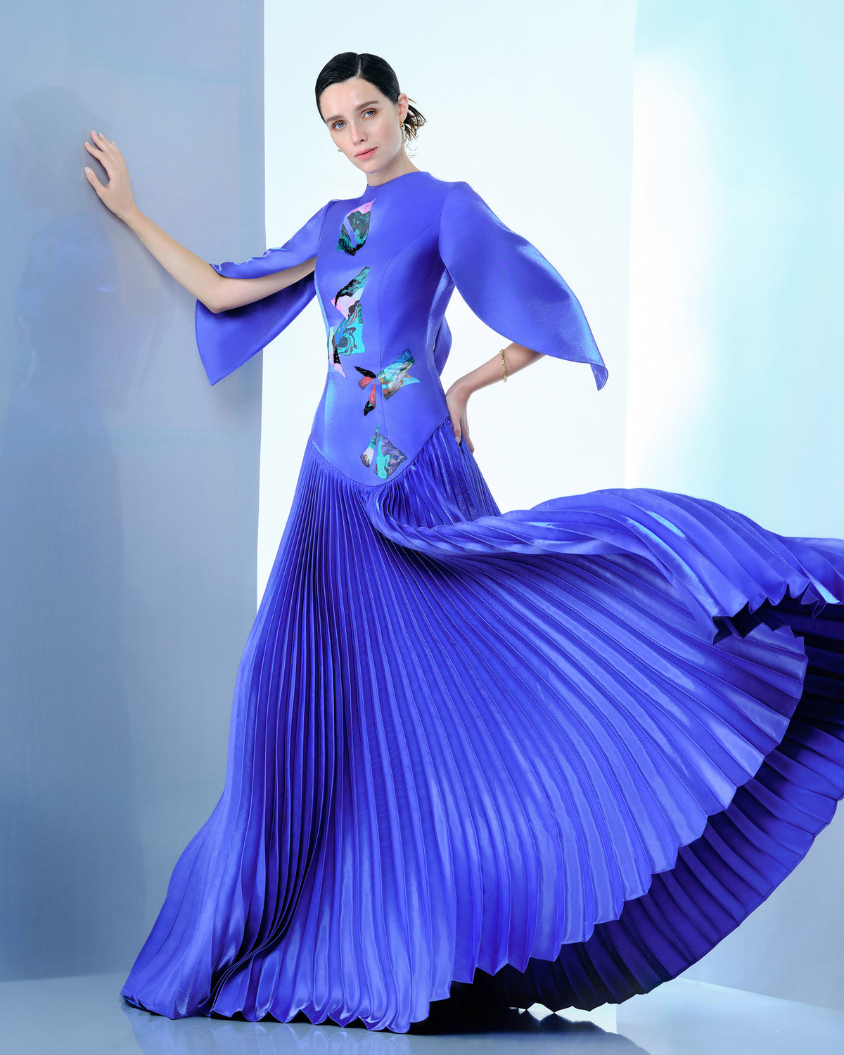 Fancy Flow - Cape Sleeve Pleated Maxi Dress