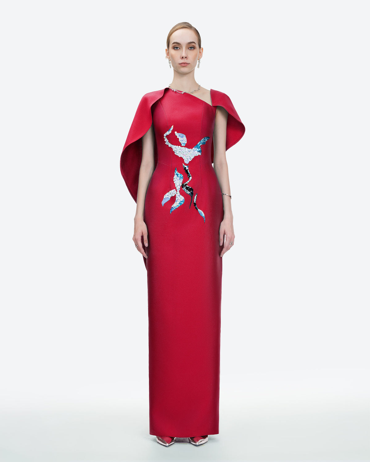 Radiant Wing - Asymmetrical Crimson Evening Gown