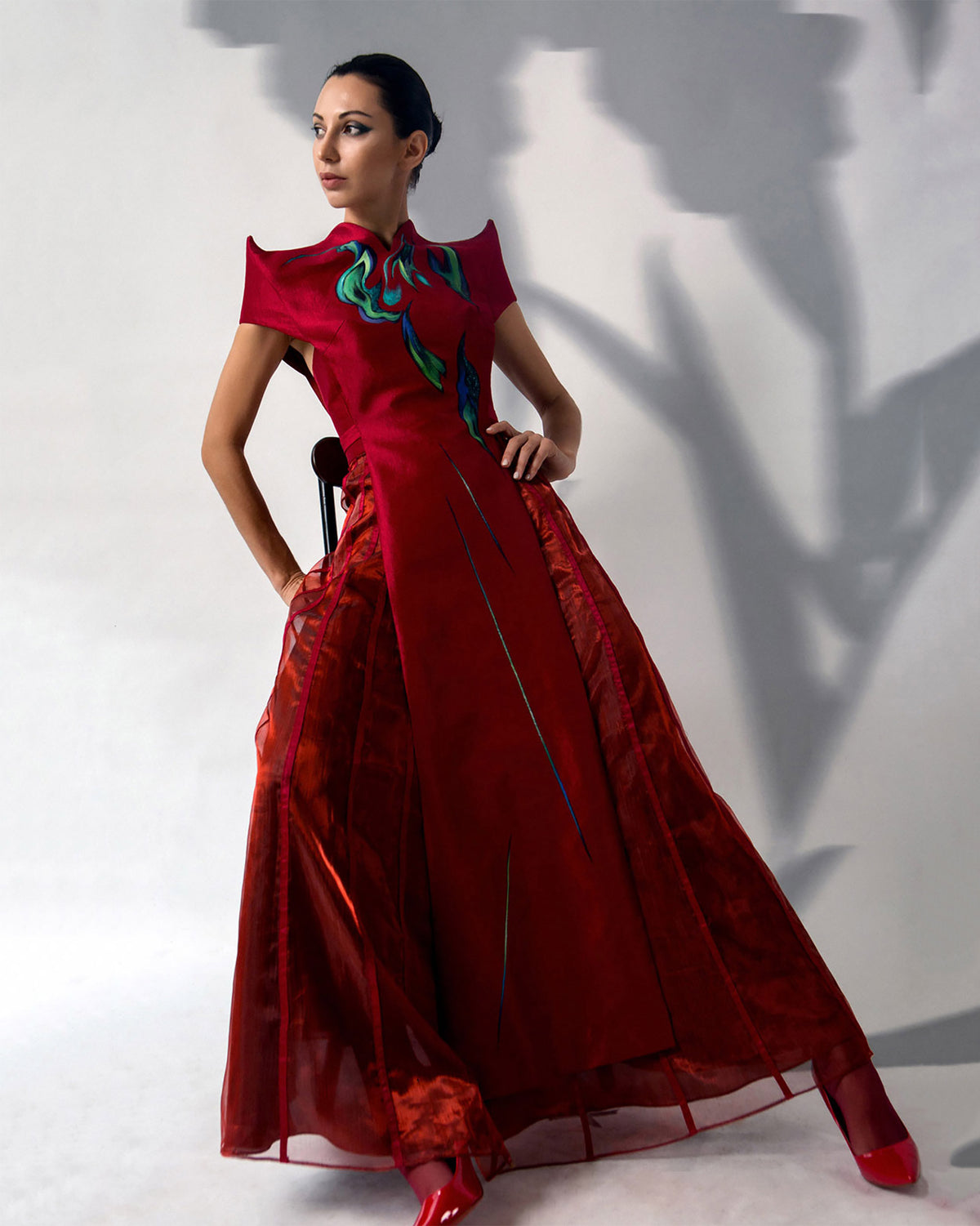 Auroras - Structured Shoulder Red Evening Dress