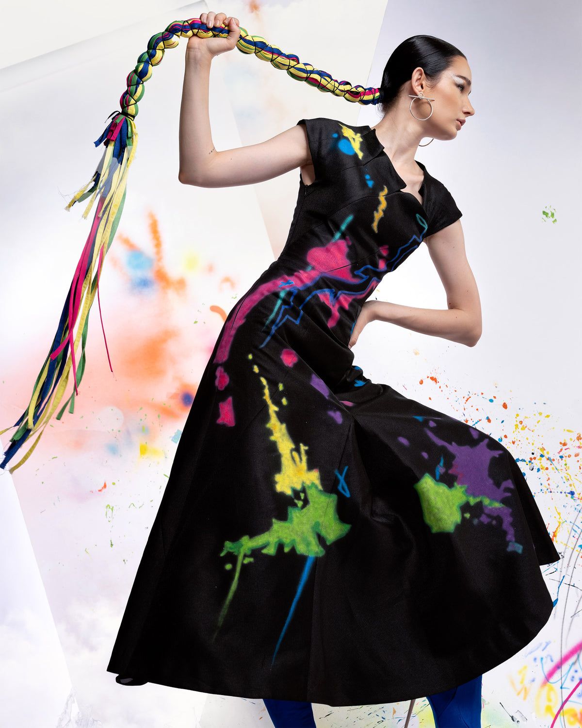Colorful Clouds - Asymmetrical Black Midi Dress