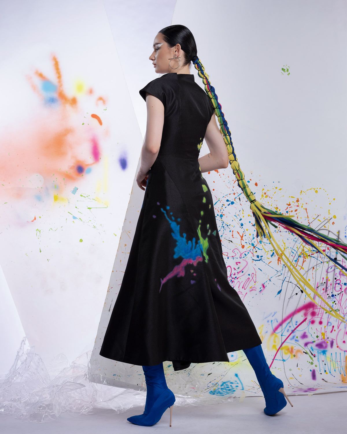 Colorful Clouds - Asymmetrical Black Midi Dress