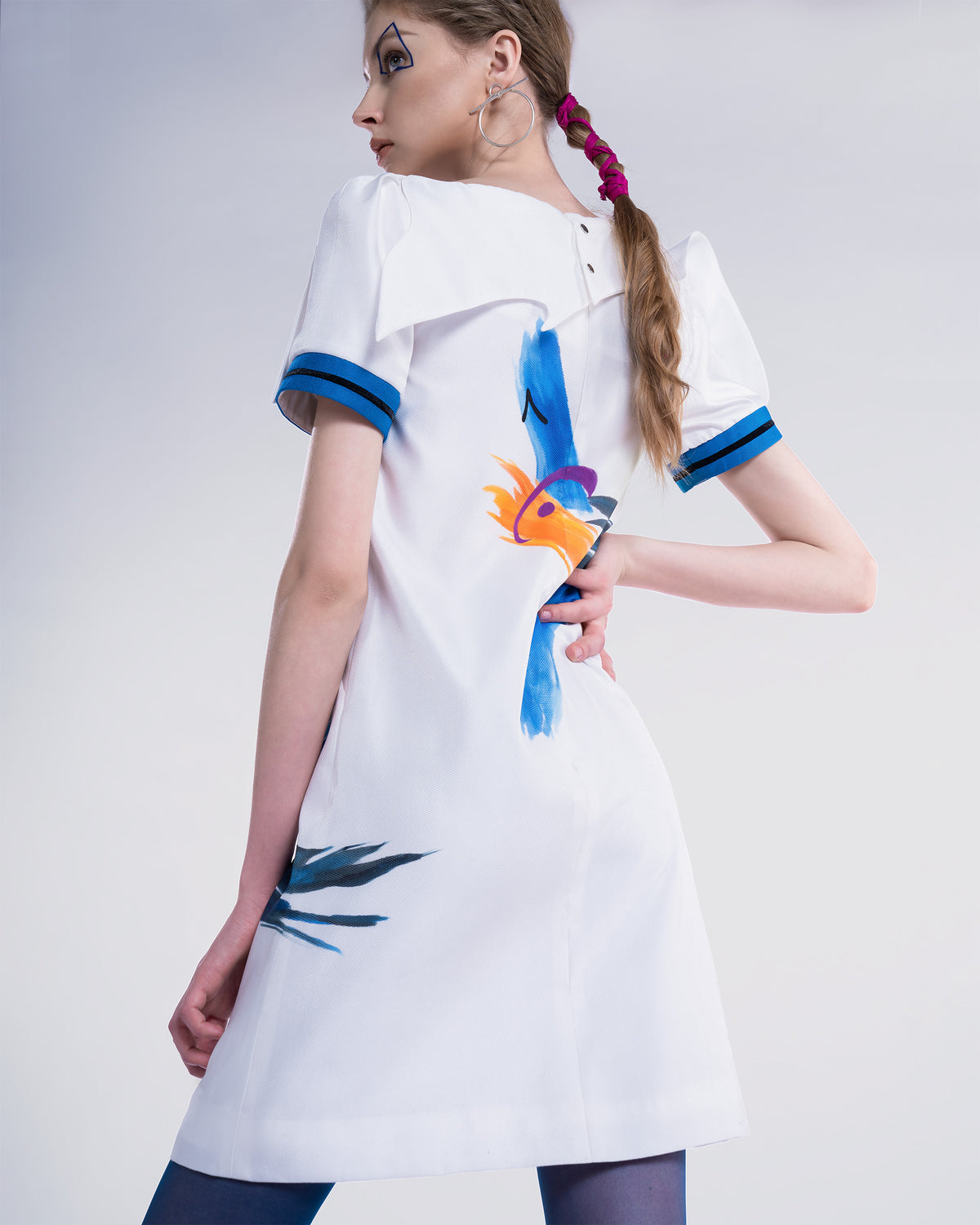 Dragon Aura - Asymmetrical Collar White Shift Dress