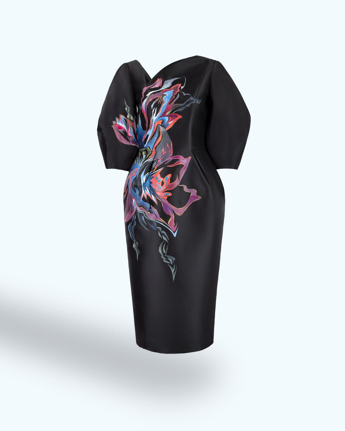 Amaryllis Flower-painted Voluminous Sleeve Midi Dress
