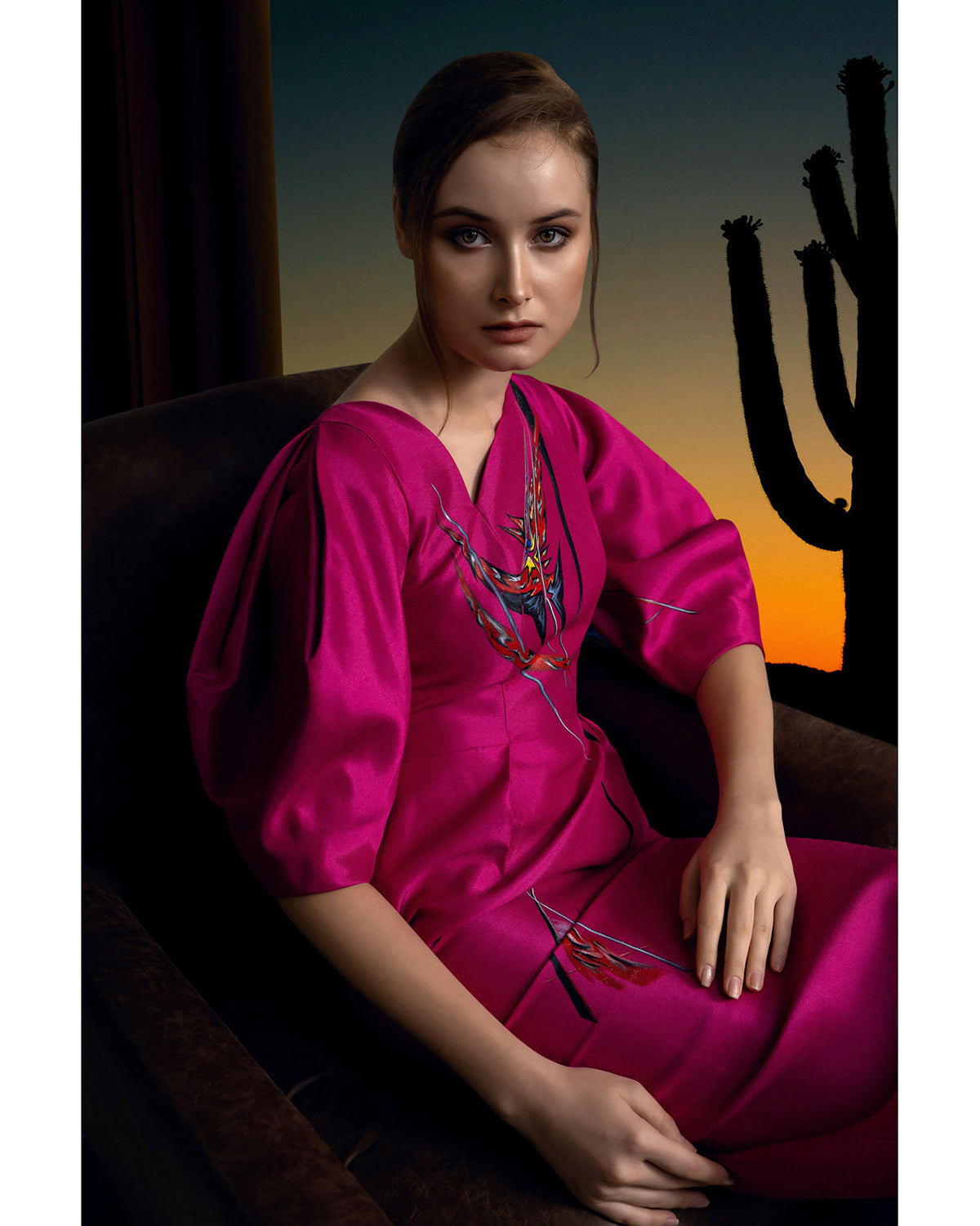 Cactus Flower-painted Voluminous Sleeve Midi Dress