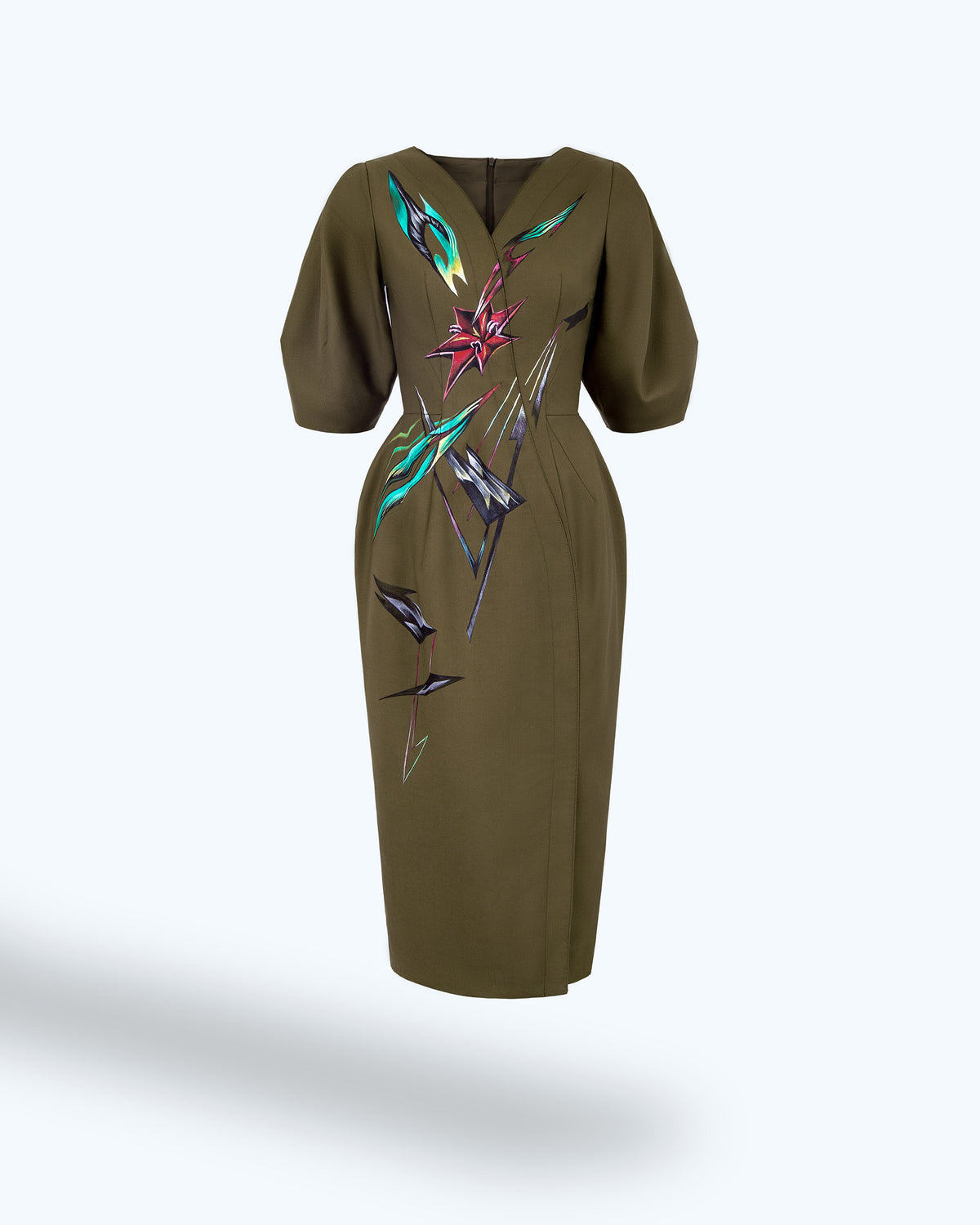 Flower Abstract-Painted Voluminous Sleeve Midi Dress