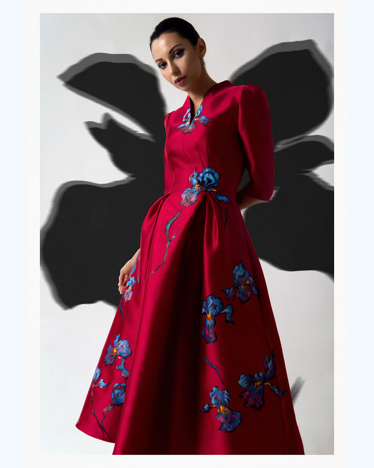 Irises-painted V-neck Taffeta Midi Dress
