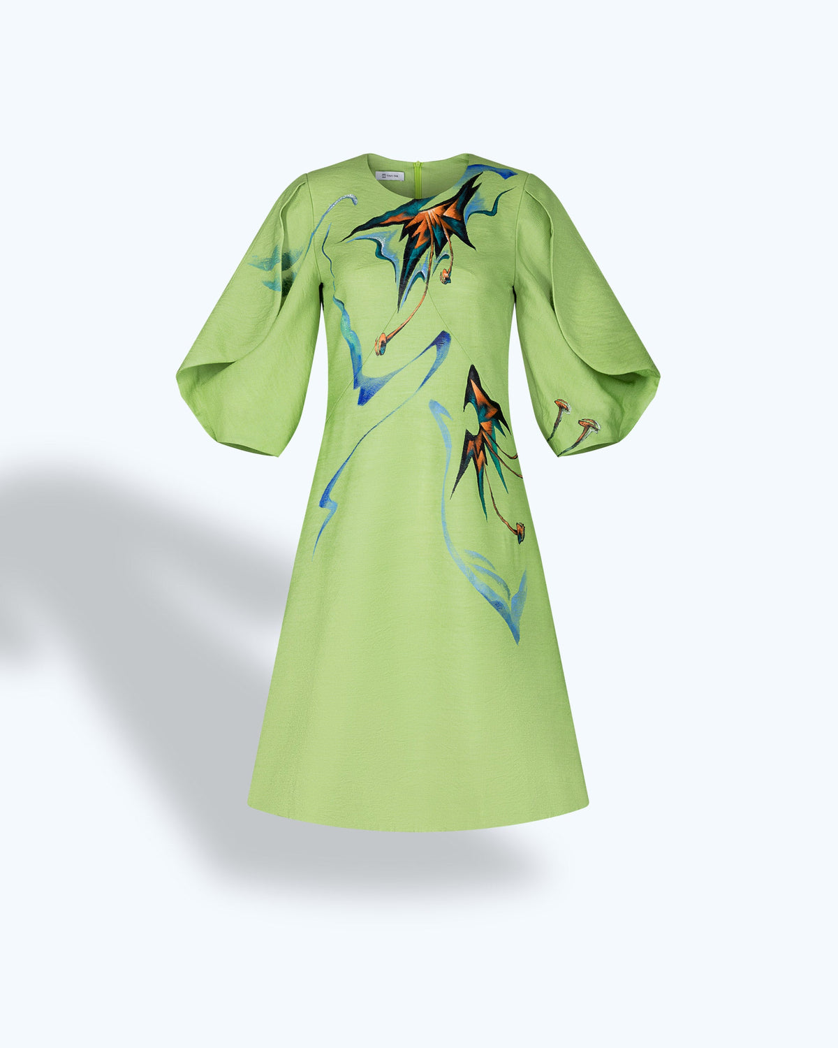 TinyInk-Fallwiner20-green-hand-painted-flower-voluminous-sleeve-mini-dress 