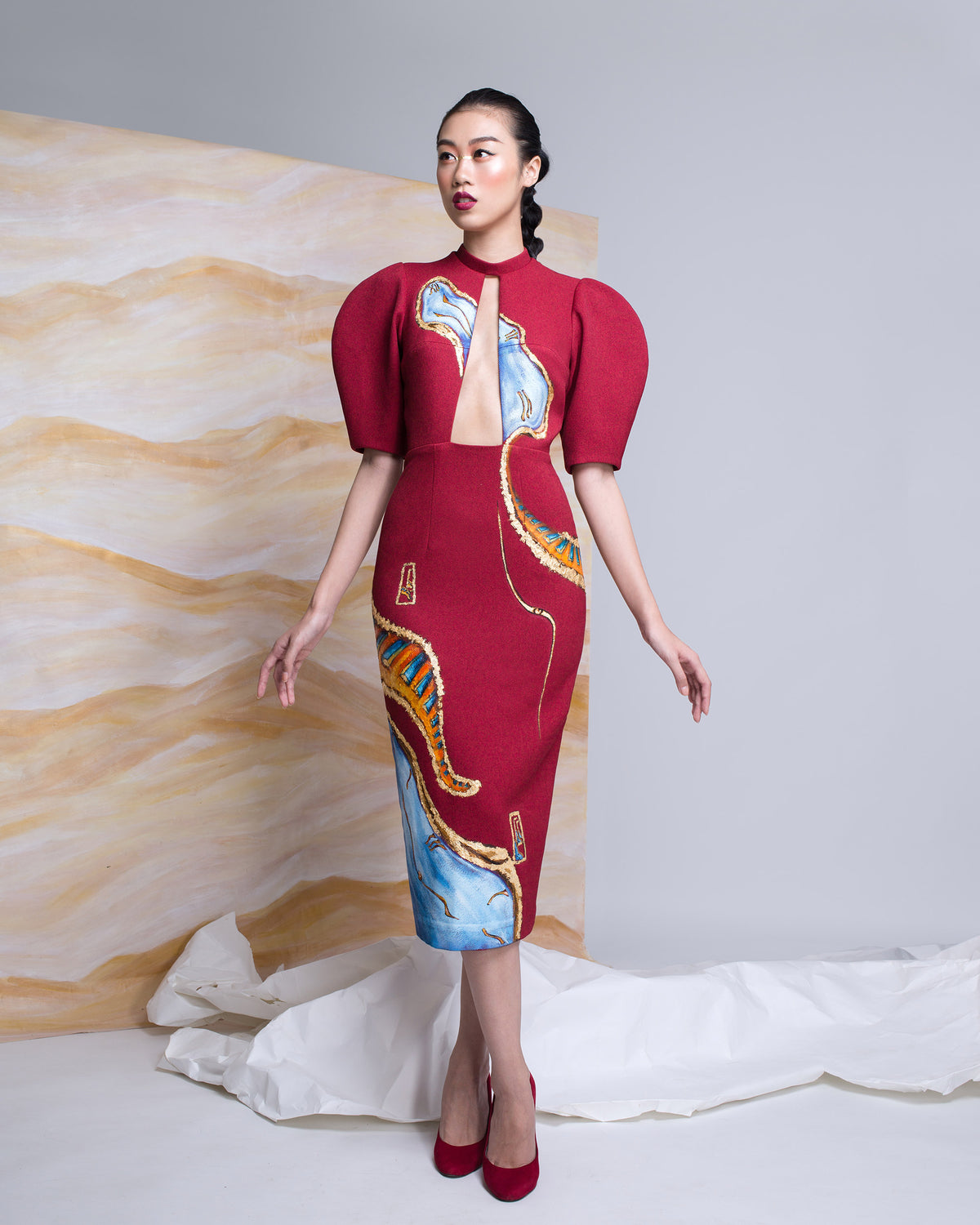Surrealism-painted Voluminous Sleeve Midi Dress