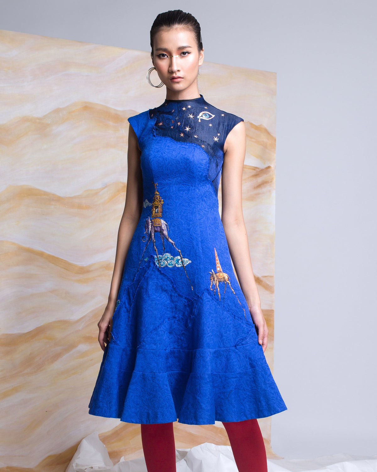 TinyInk-Fallwinter16-blue-hand-painted-elephant-surrealism-cap-sleeve-midi-dress