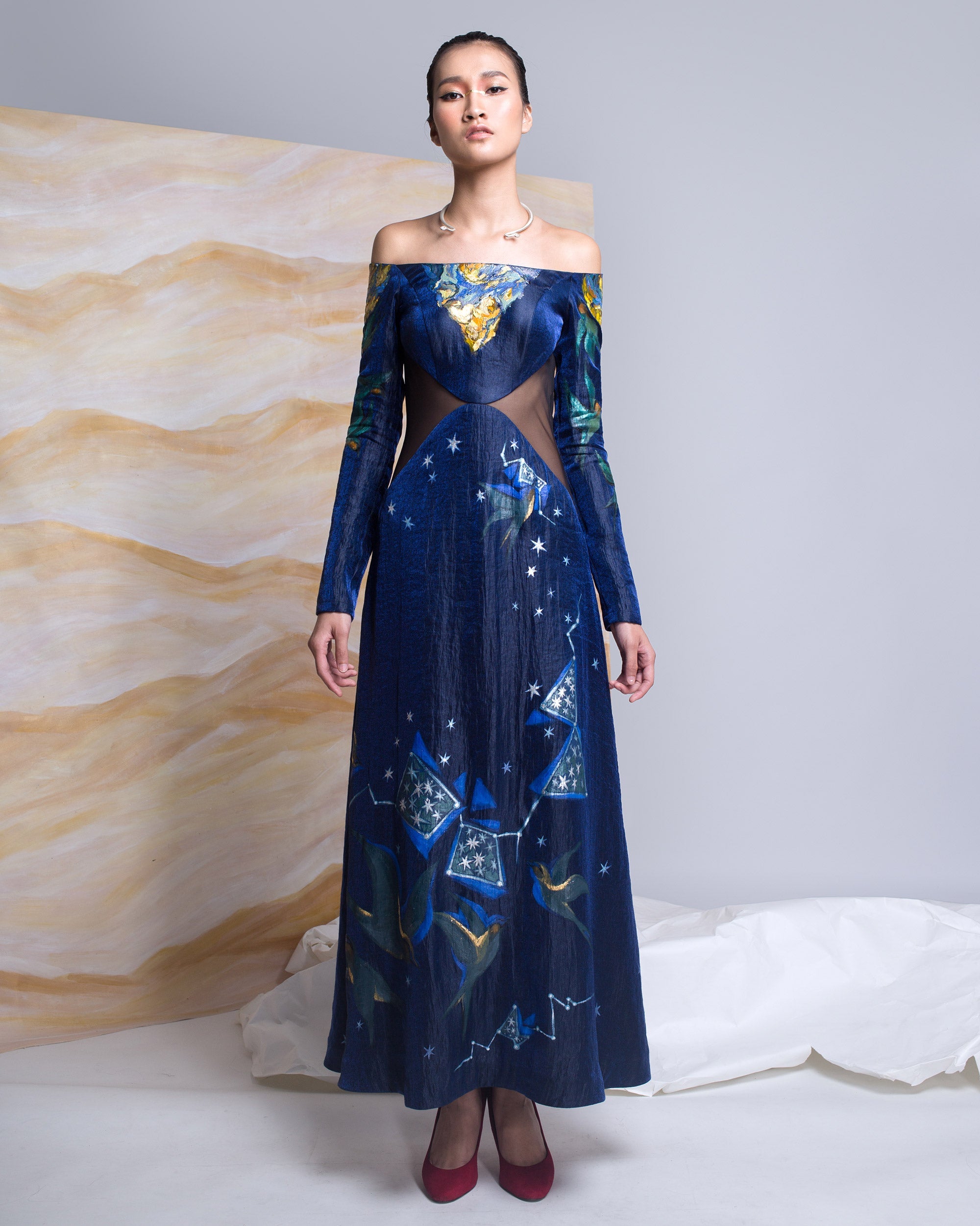 Galaxy-painted Off-the-Shoulder Gown Dress