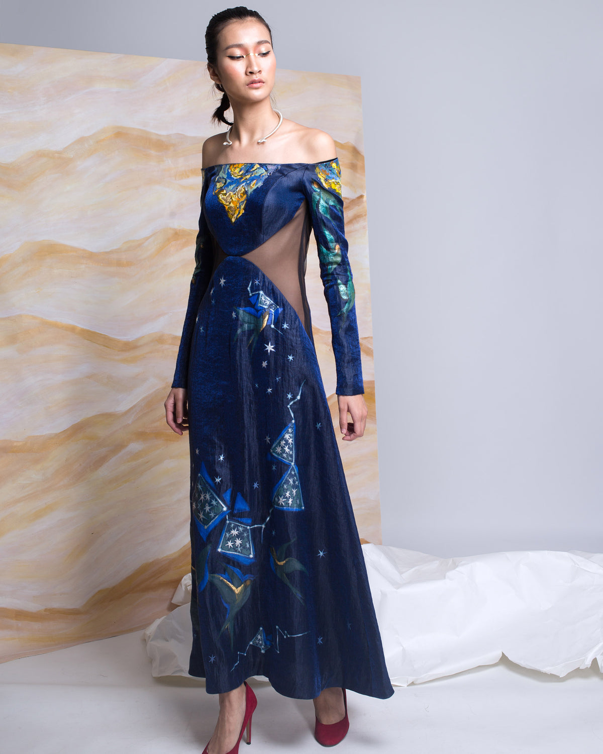 Galaxy-painted Off-the-Shoulder Gown Dress
