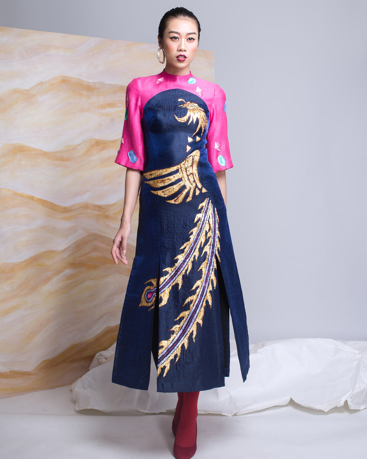 Phoenix-painted Deep Blue Midi Dress