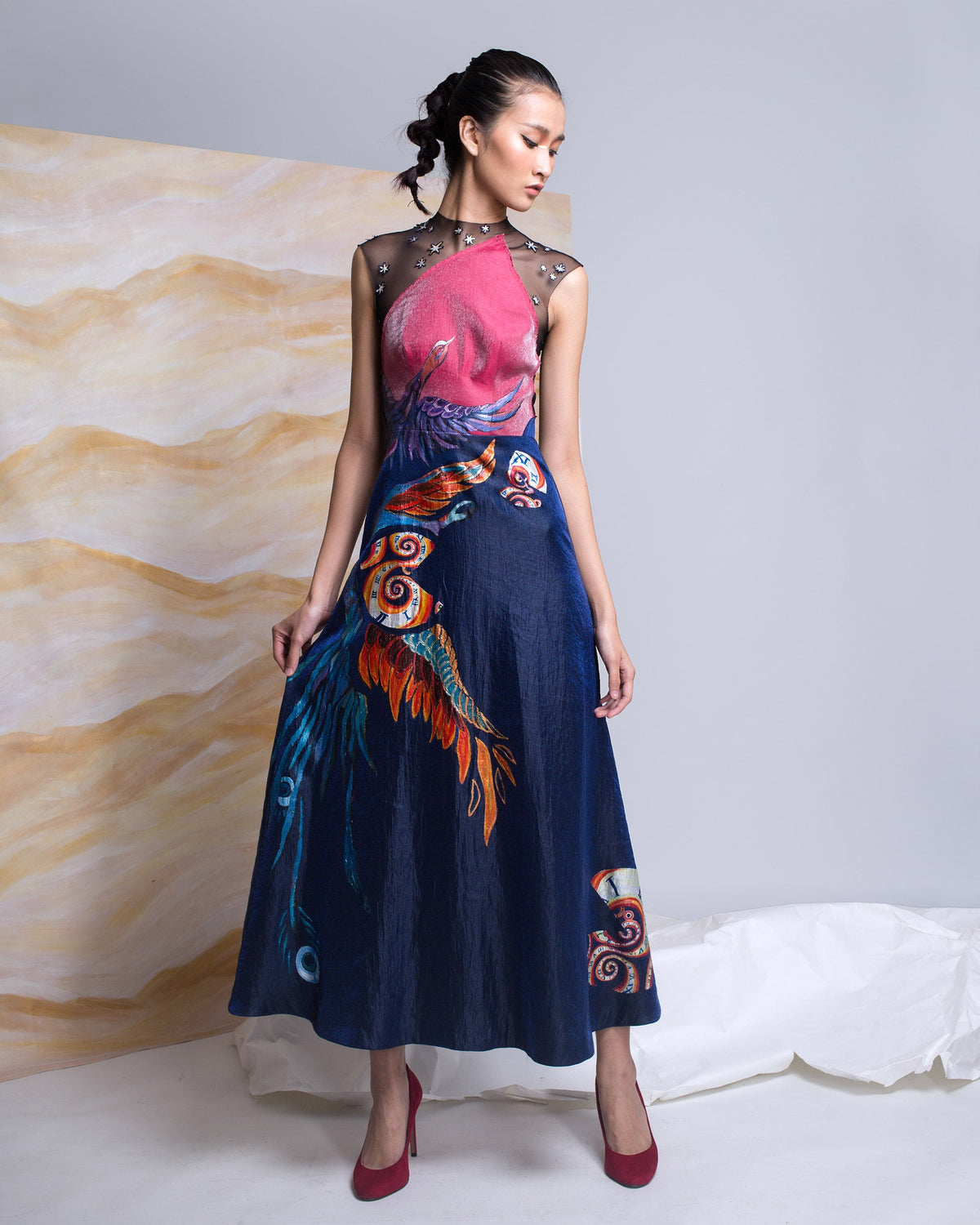 TinyInk-Fallwinter16-deep-blue-hand-painted-phoenix-surrealism-sleeveless-gown 