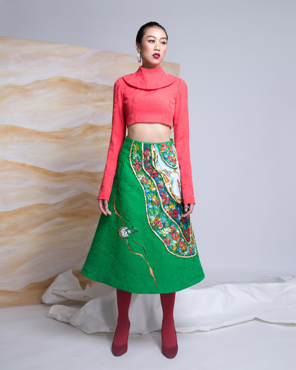 Floral Surrealism-painted Brocade Midi Skirt