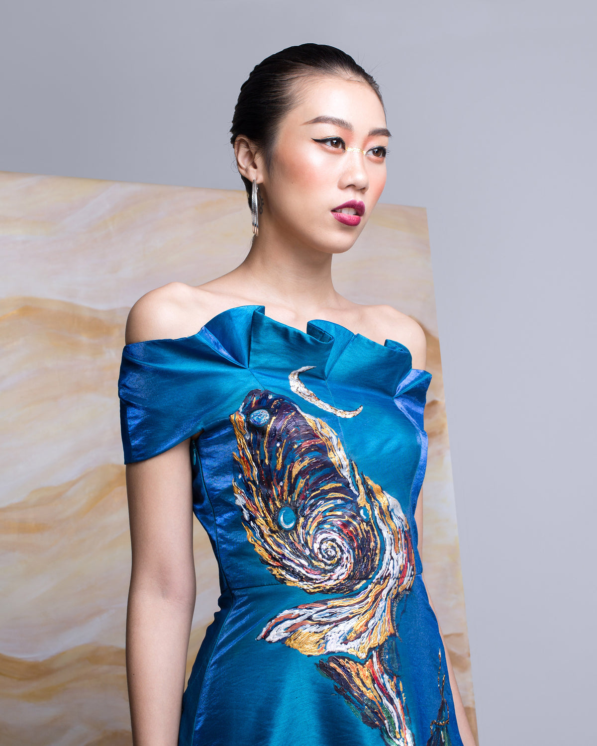 Lily-painted Off-the-Shoulder Gown Dress
