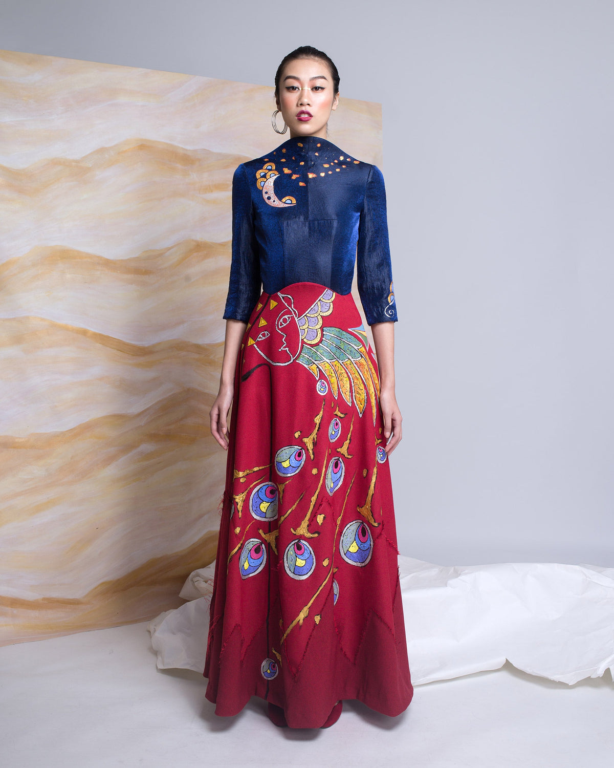 TinyInk-Fallwinter16-red-blue-hand-painted-phoenix-dada-gown