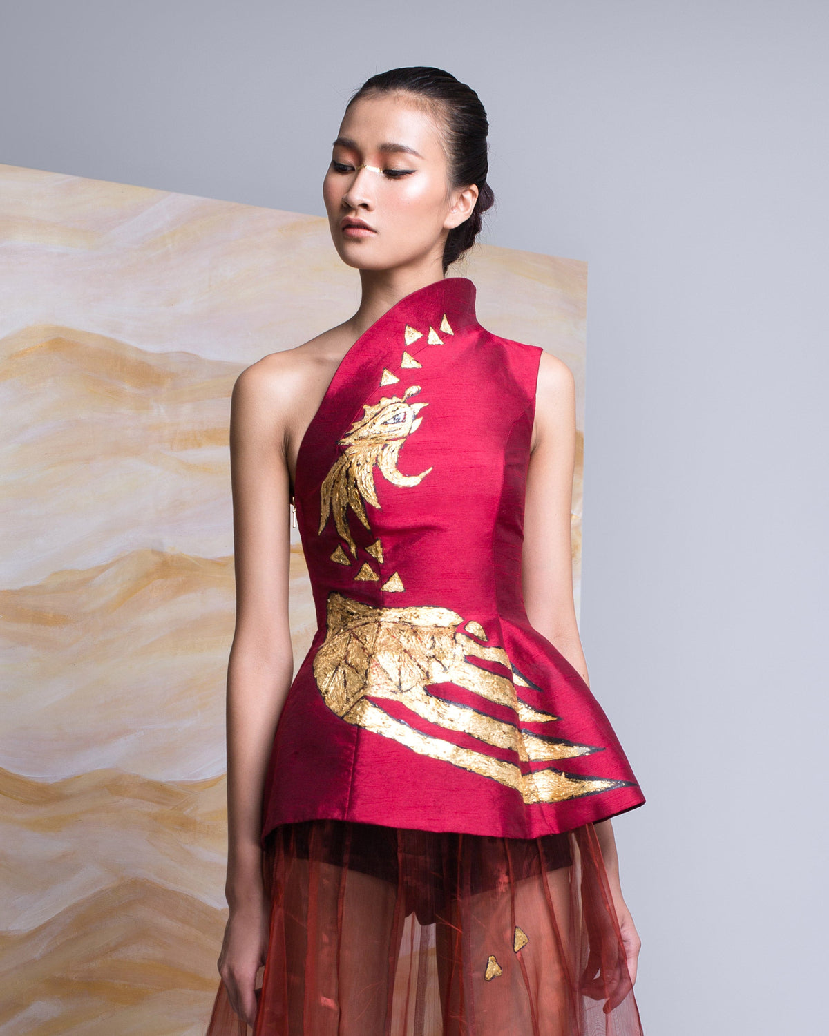 TinyInk-Fallwinter16-red-hand-painted-phoenix-surrealism-one-shoulder-top