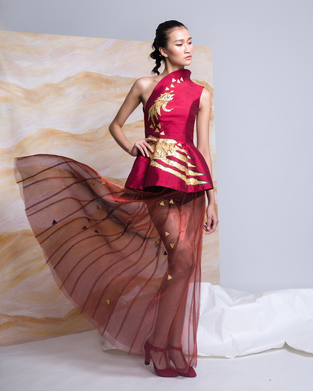 Haut péplum asymétrique peint Phoenix