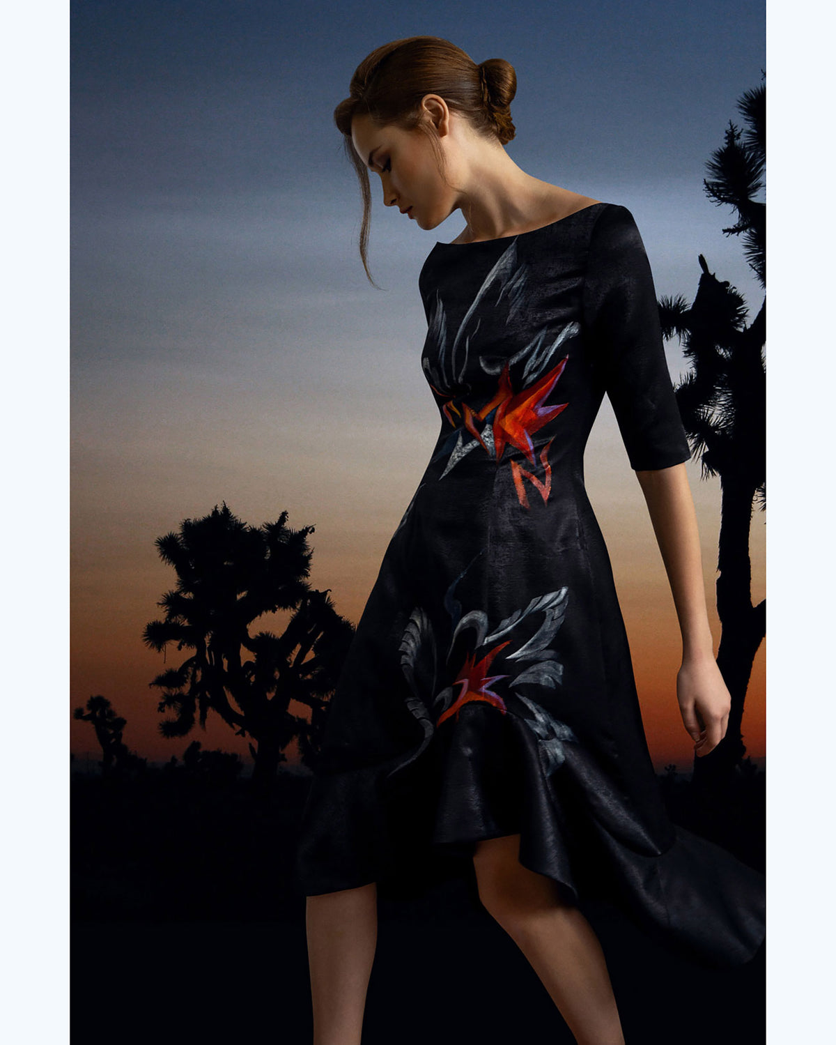 Black Swans Abstract-painted Evening Black Dress