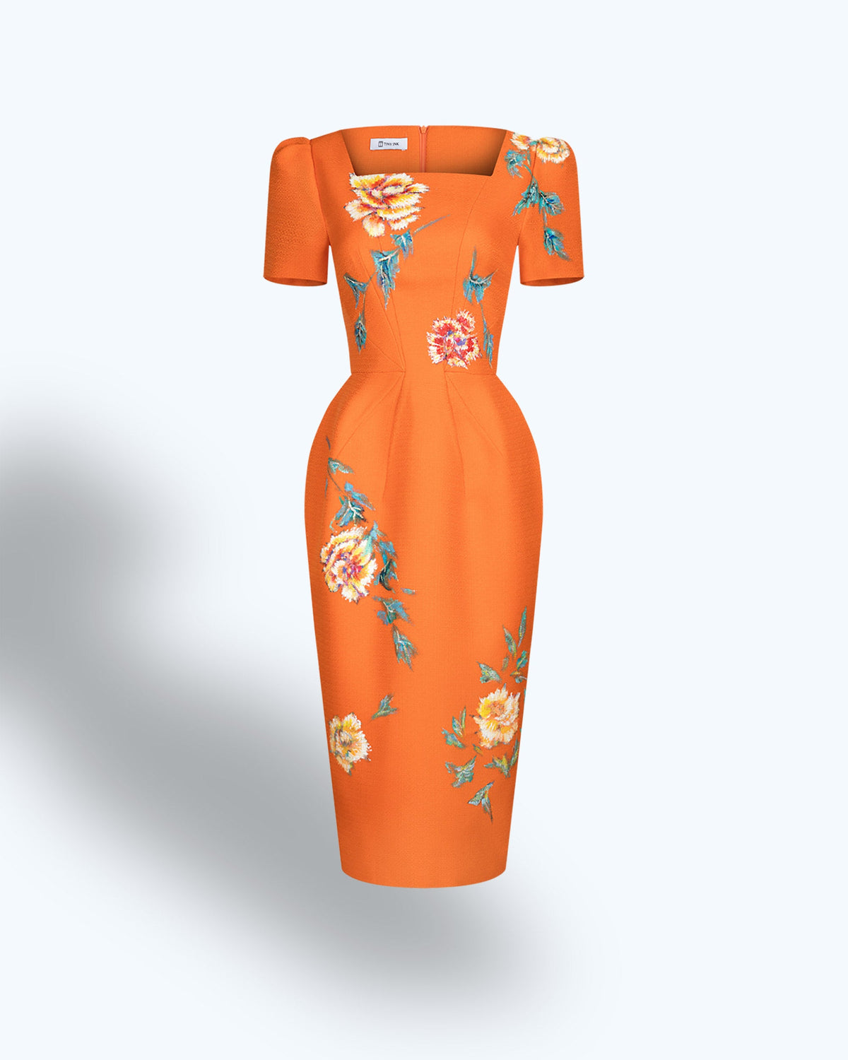 TinyInk-Fallwinter20-Orange-hand-painted-flower-short-sleeve-midi-dress