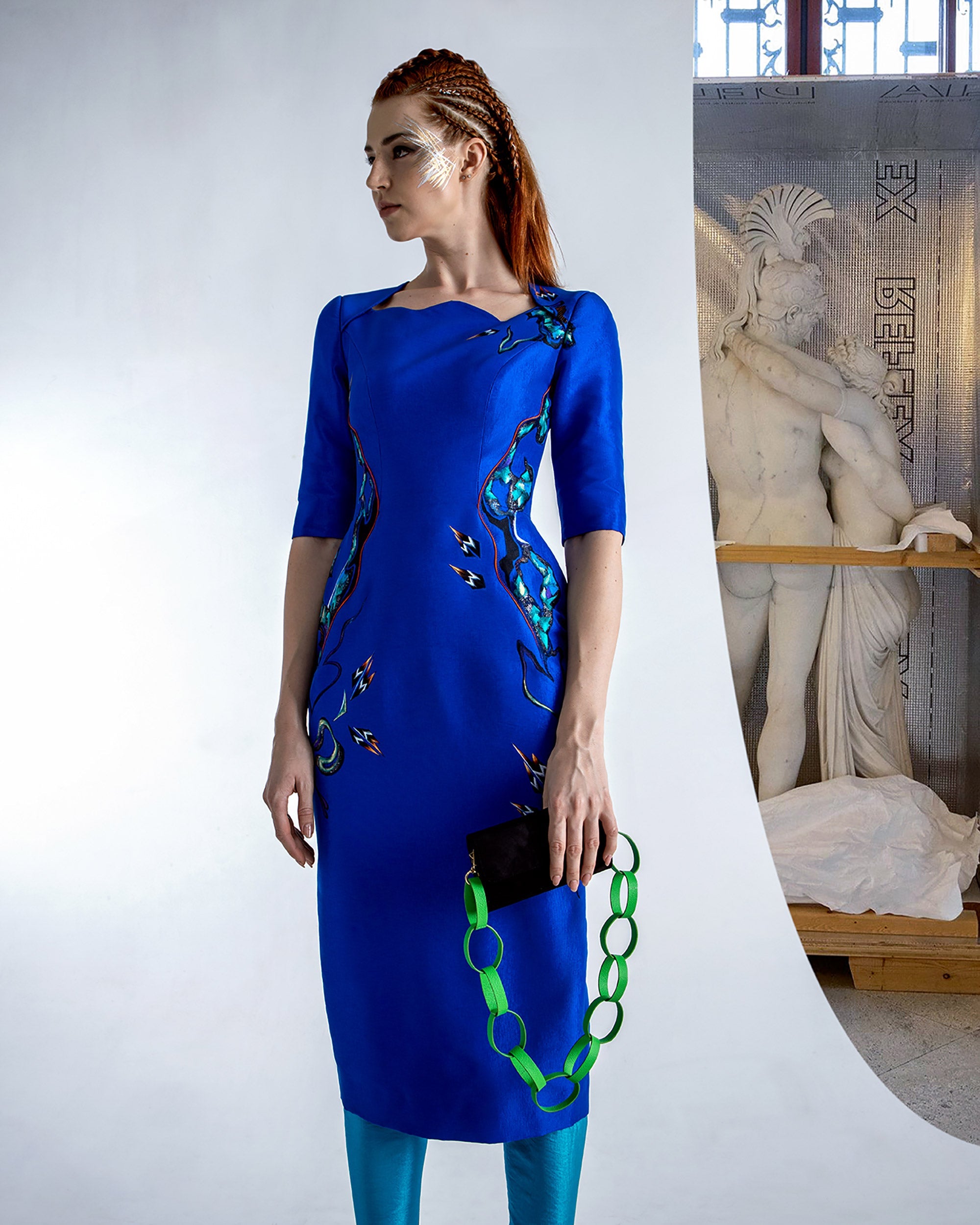 A Stream-Painted Cobalt Blue Taffeta Midi Dress – Tiny Ink