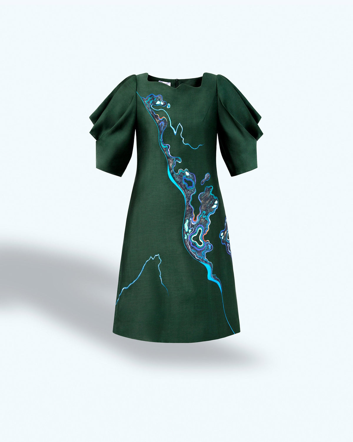 TinyInk-Fallwinter21-green-hand-painted-abstract-voluminous-sleeve-mini-dress