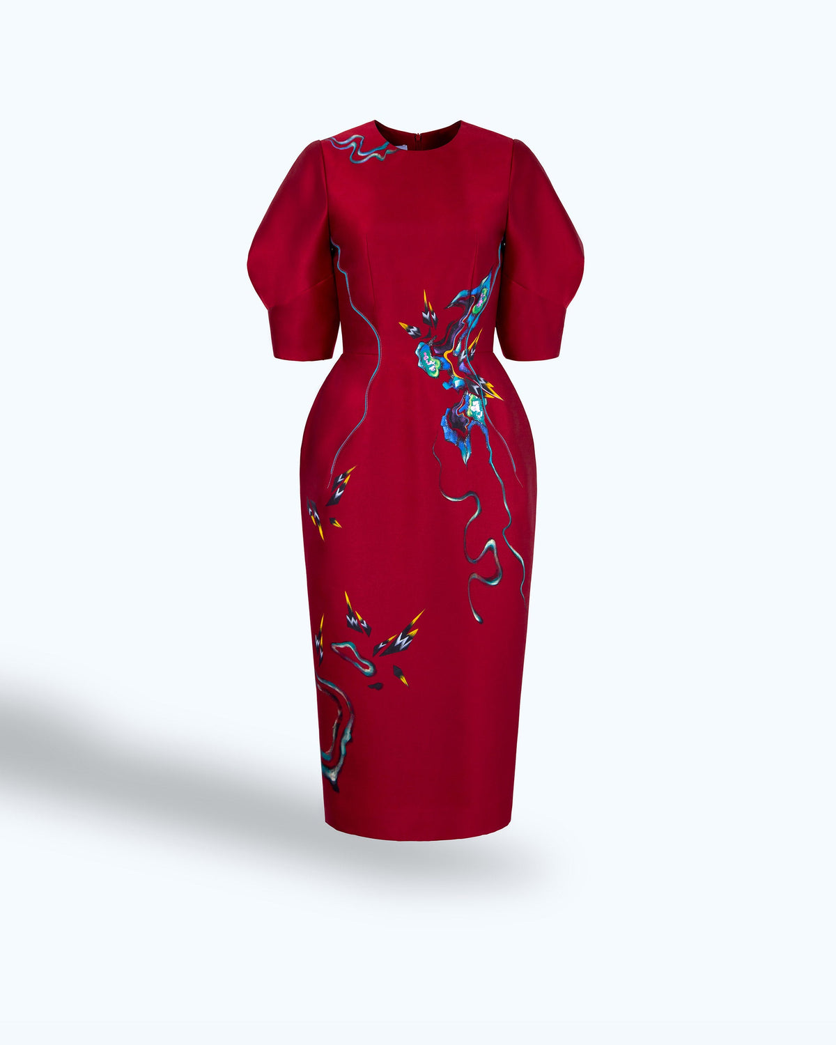 TinyInk-Fallwinter21-red-hand-painted-flower-voluminous-sleeve-midi-dress