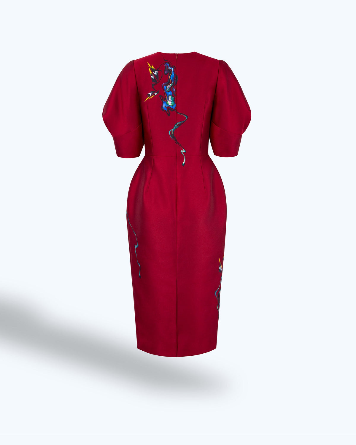 TinyInk-Fallwinter21-red-hand-painted-flower-voluminous-sleeve-midi-dress