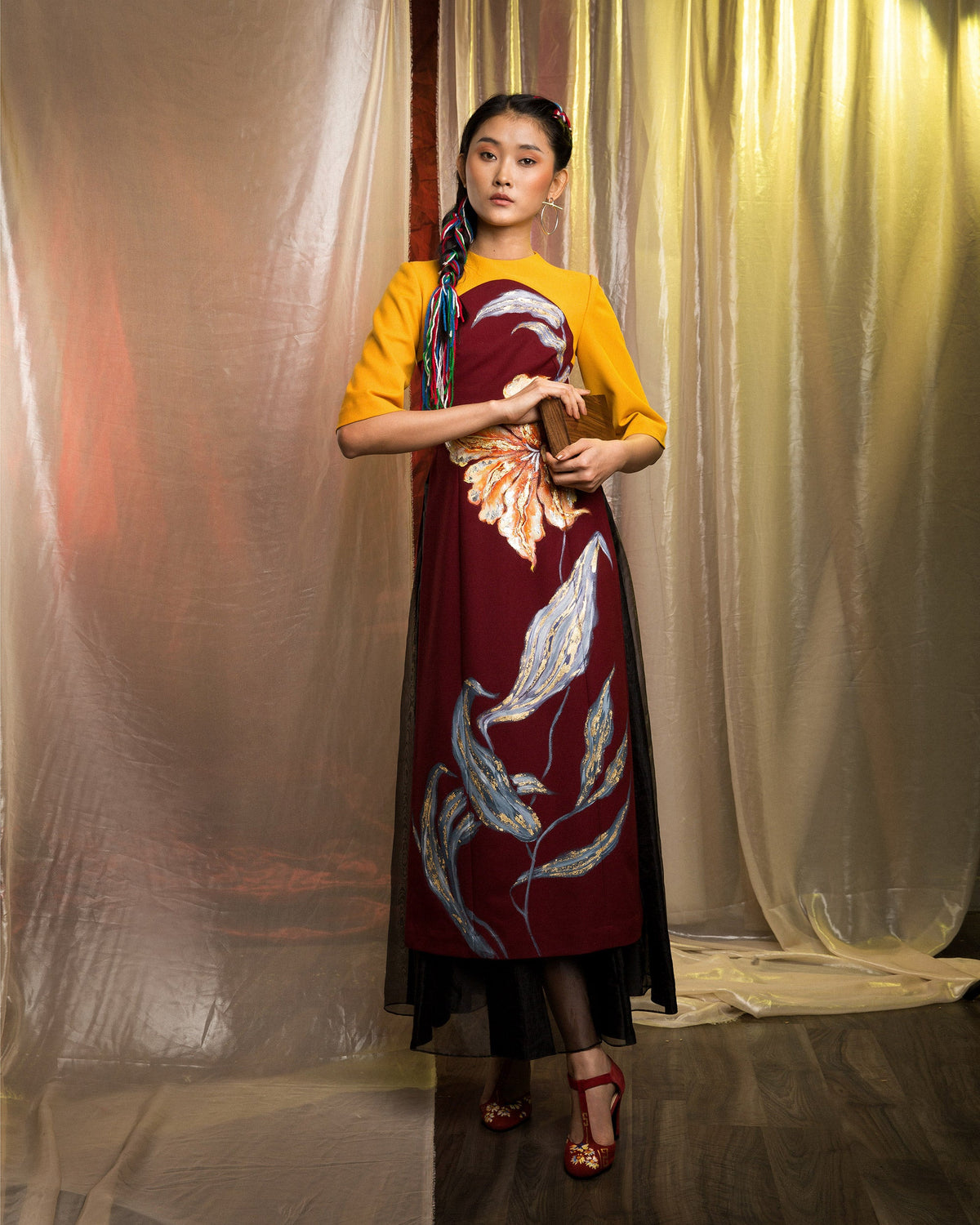TinyInk-LN17-wine-red-hand-painted-lily-contemporary-aodai