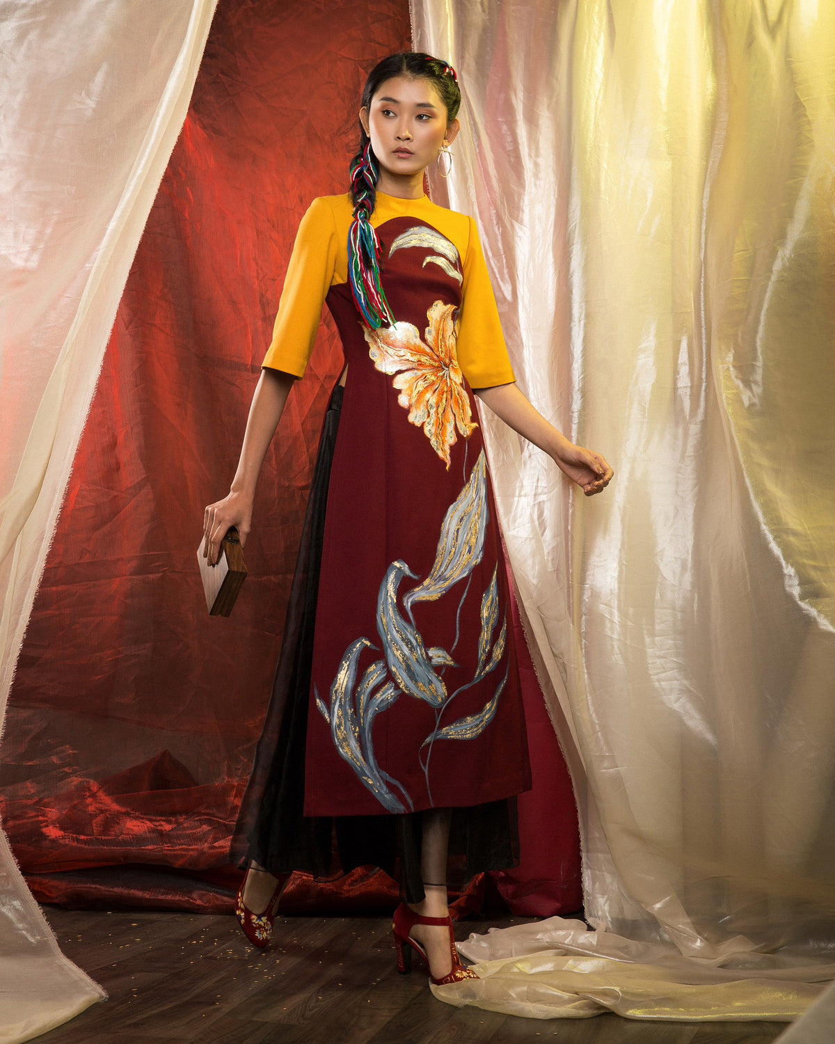 Lily-painted Wine Red Contemporary Aodai