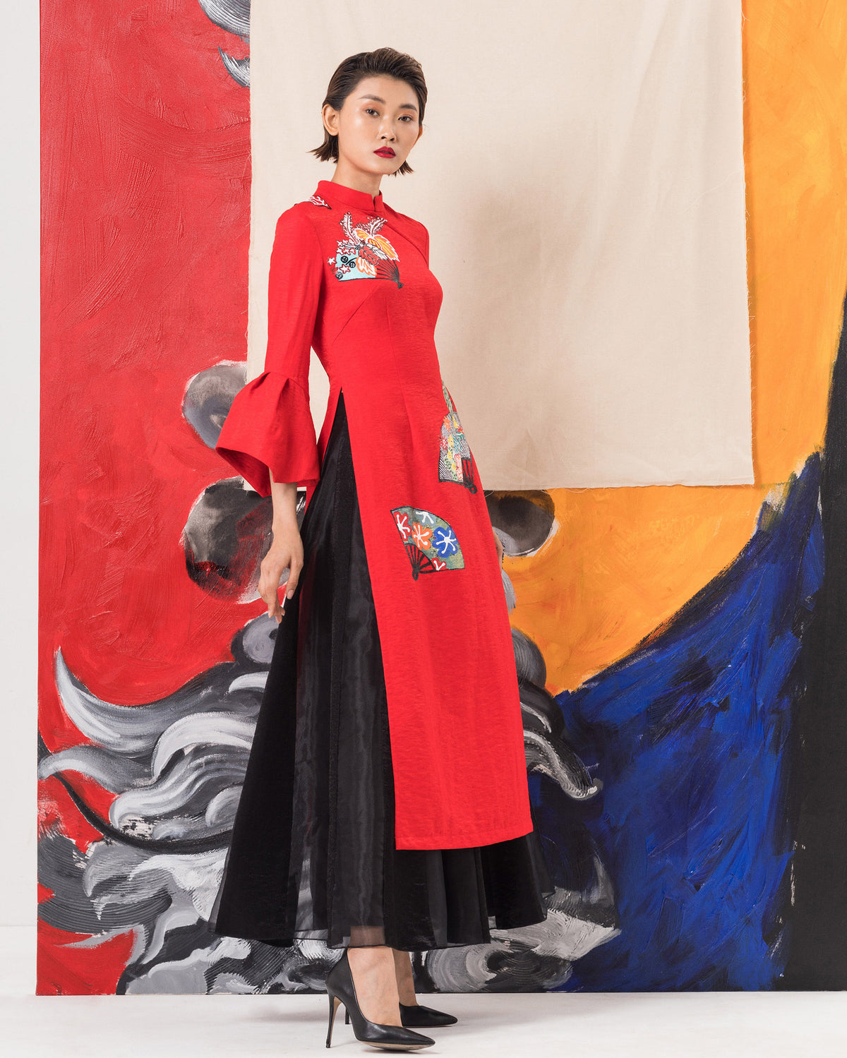 Japanese Fans-painted Voluminous Pleated Cuffs Sleeve Contemporary Ao Dai