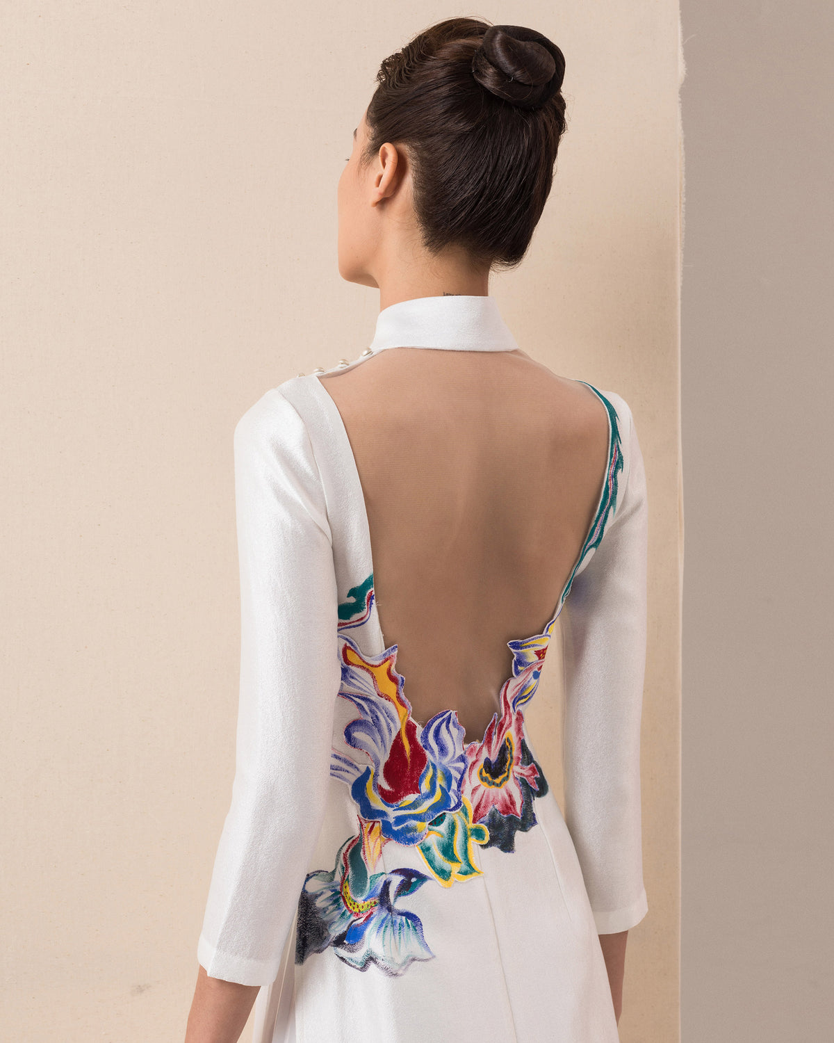 Floral-painted Raglan Sleeve White Contemporary Ao Dai