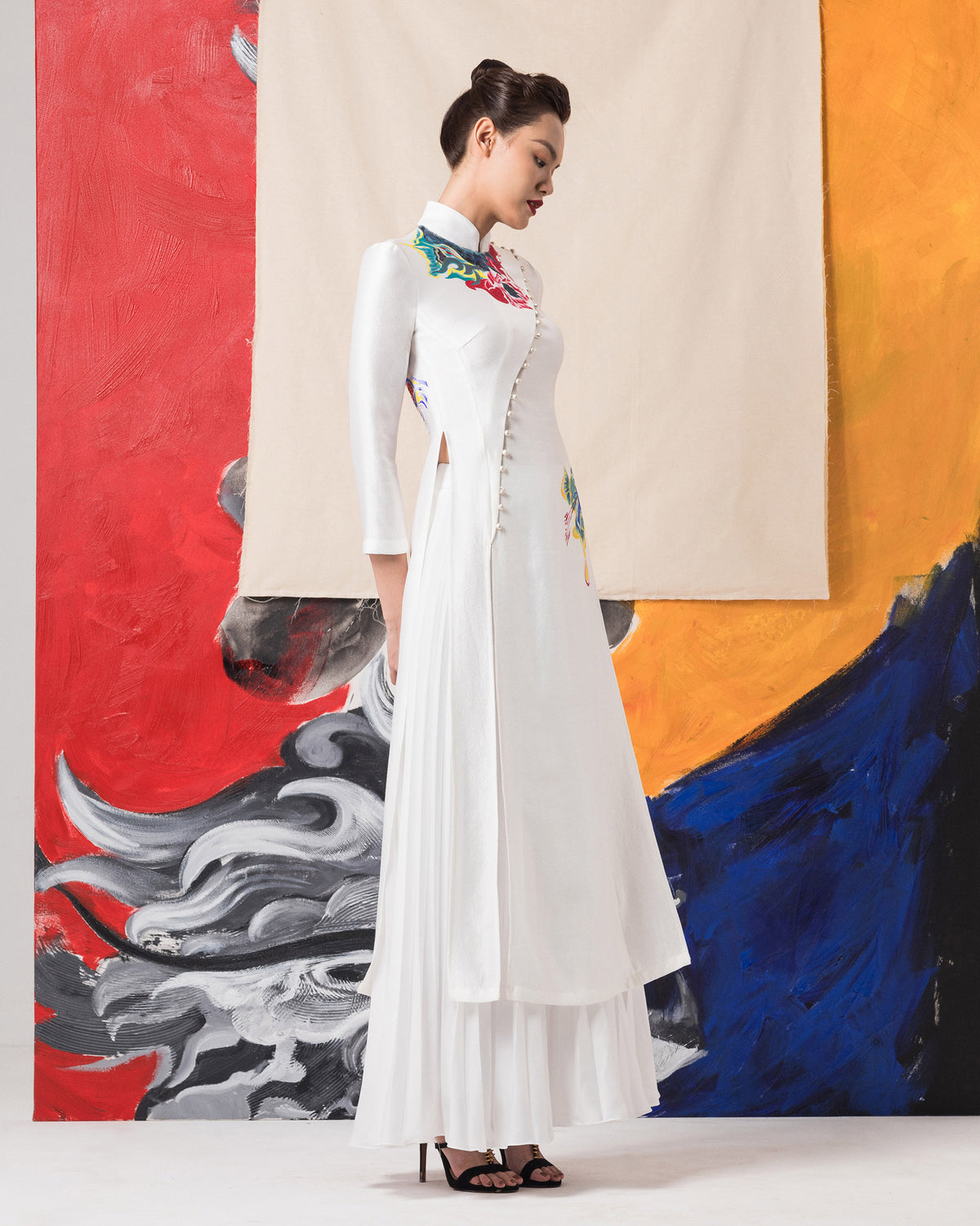 Floral-painted Raglan Sleeve White Contemporary Ao Dai